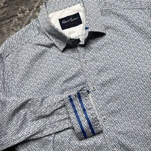 Robert Graham Modern Americana Flip Cuff Shirt Mens XL Tailored White Blue Dots